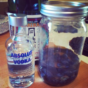 sake, vodka, blueberries, infusion, mason jar