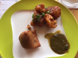 spicy cauliflower and samosa thali